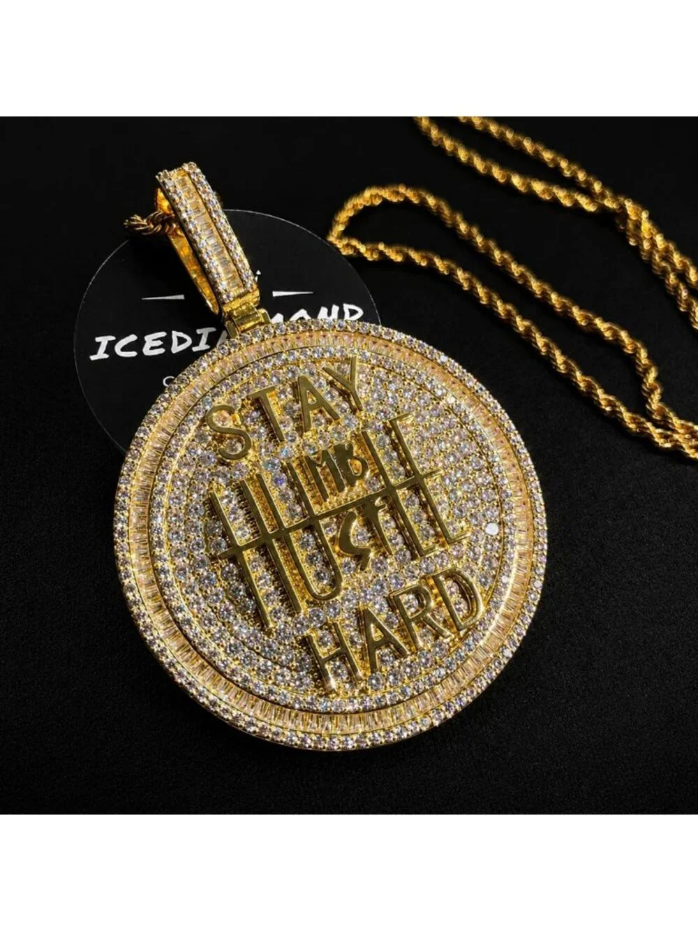 Bling Gold Coin Pendant Necklace, 14K Gold Plated CZ Charm, Hip Hop Statement